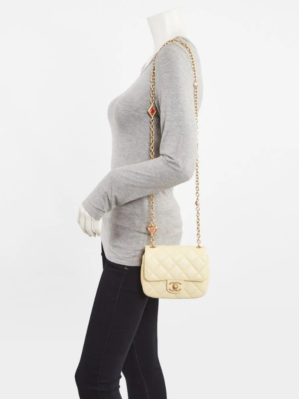 Chanel Pale Yellow Quilted Lambskin Leather Crystal Chain Mini Square Flap Bag